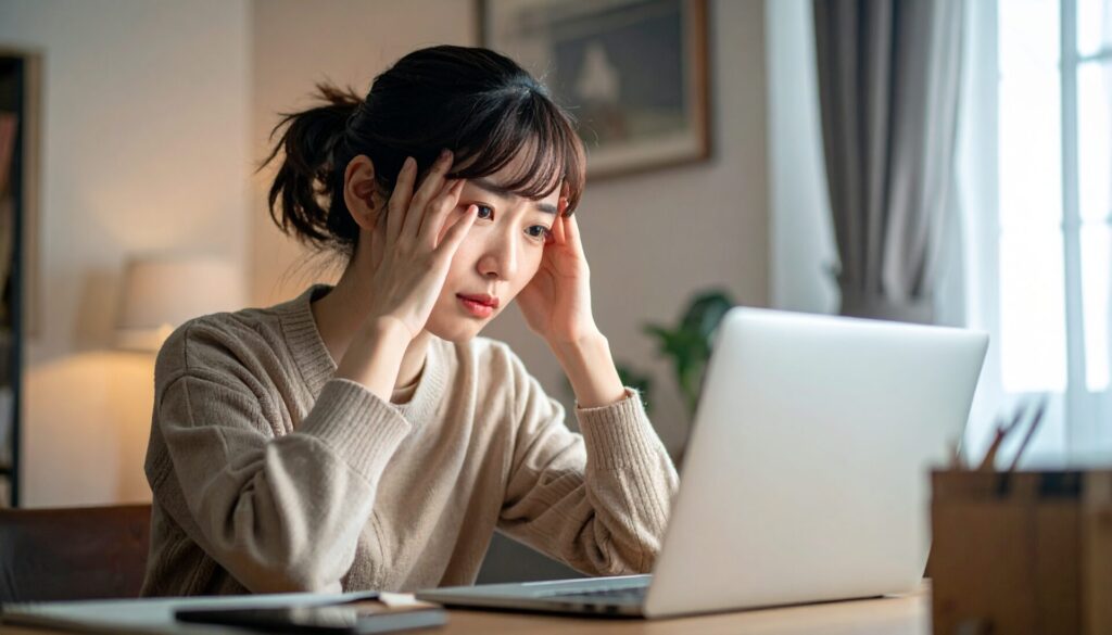頭を抱えてパソコントラブルで困っている女性