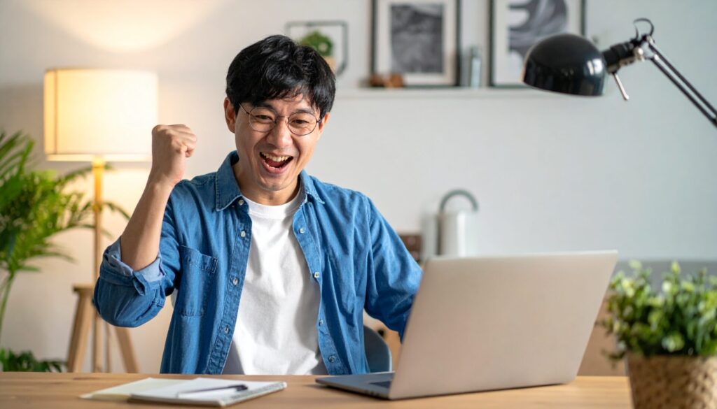 パソコントラブルが解決して喜んでいる男性