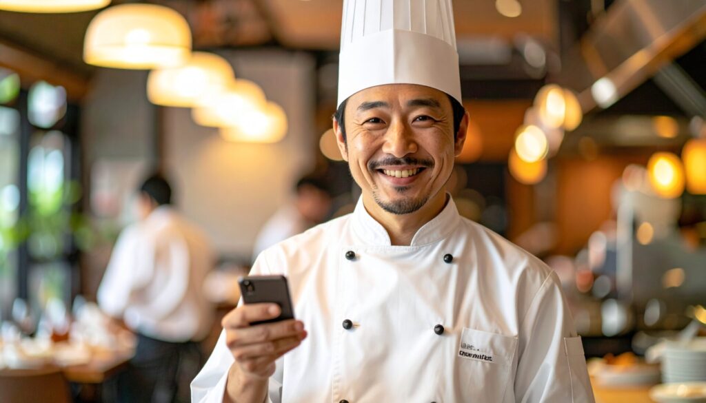 飲食店でスマホを持つシェフの画像