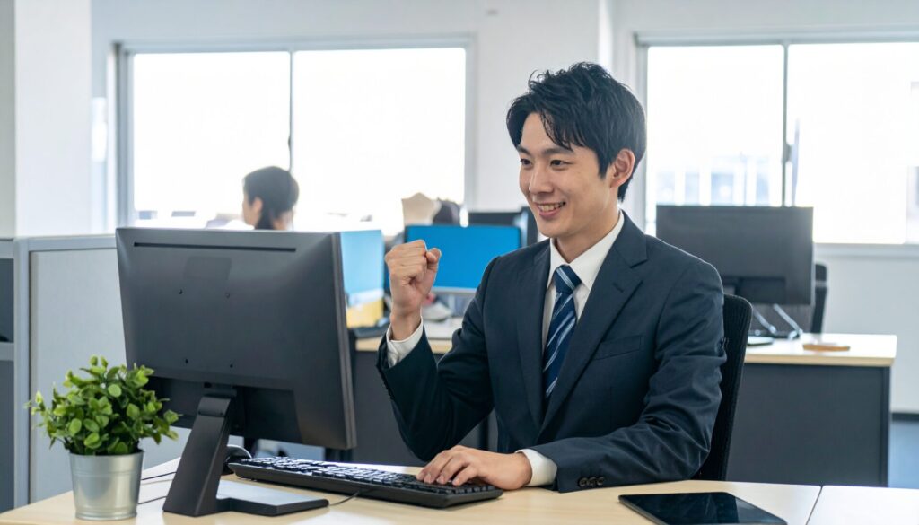 自動でメールを一括送信して、オフィスで喜んでいる日本人男性社員の画像