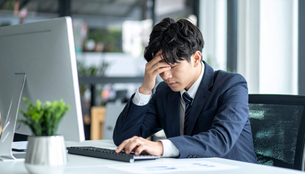 オフィスでパソコンを使い、頭を抱えて困っている日本人男性社員の画像