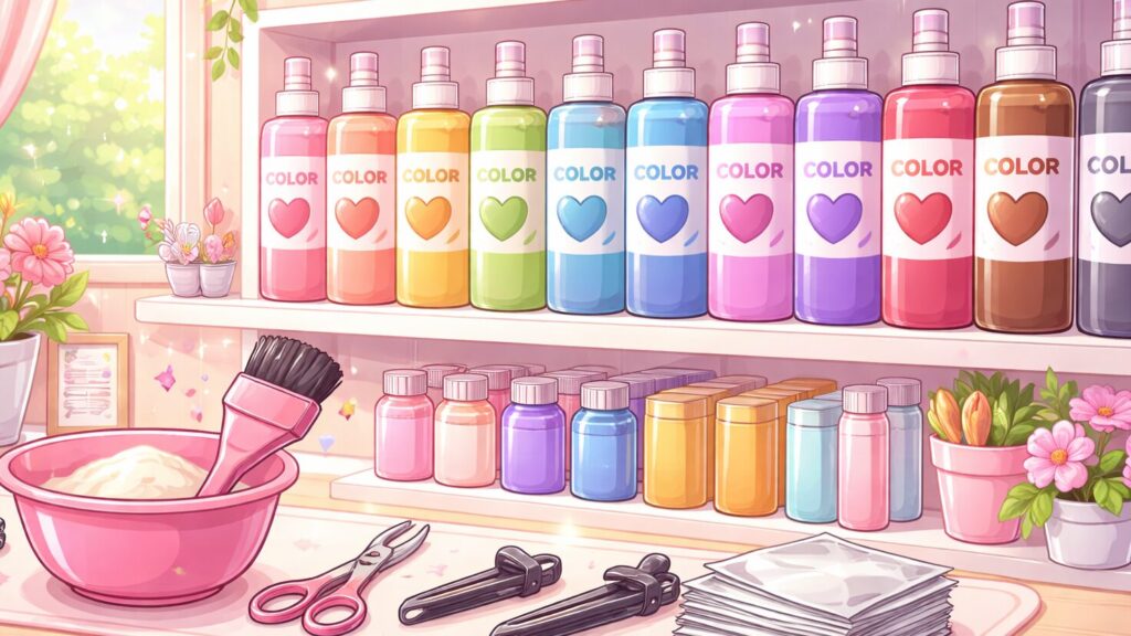 棚にカラー剤が並んでいるイラスト画像