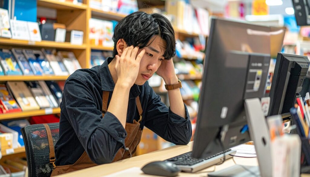 文房屋でパソコンに向かって頭を抱えている男性店員の画像